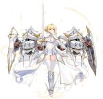  1girl armored_boots azur_lane bare_shoulders blonde_hair blue_eyes boots breasts cannon dress faulds full_body gauntlets gold_trim highres holding holding_sword holding_weapon jeanne_d&#039;arc_(azur_lane) knee_boots large_breasts long_hair long_skirt looking_at_viewer machinery maya_g official_art rapier shield showgirl_skirt skindentation skirt solo standing sword thighhighs torpedo_tubes transparent_background turret weapon white_dress white_legwear zettai_ryouiki 