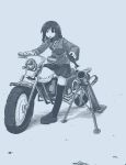  1girl ammunition bangs black_eyes black_hair black_legwear collared_shirt expressionless full_body ground_vehicle holding holding_shell long_sleeves medium_hair monochrome mortar mortar_shell motor_vehicle motorcycle no_nose original outdoors parted_lips shell shirt shoes simple_background sitting skirt smetana_(hamsterfragment) solo suicide thighhighs wheel 
