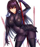  1girl bangs bodysuit breasts closed_mouth covered_navel fate/grand_order fate_(series) gae_bolg hair_between_eyes hair_intakes highres kisaragi_(legobionicle23) large_breasts long_hair looking_at_viewer pauldrons polearm purple_bodysuit purple_hair red_eyes scathach_(fate)_(all) scathach_(fate/grand_order) simple_background smile spear thighs weapon white_background 