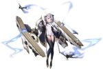  1girl aircraft airplane armpit_cutout asymmetrical_hair azur_lane bearn_(azur_lane) black_coat black_gloves black_hair black_panties blue_coat blue_eyes boots breasts coat covered_navel cross dress elpx_(gu_jian_shaonu) flight_deck full_body gloves grey_hair highres holding lightning looking_at_viewer machinery monocle multicolored_hair off_shoulder official_art open_clothes open_coat panties short_dress short_hair skin_tight sleeveless sleeveless_dress small_breasts solo streaked_hair thigh_boots thigh_cutout thighhighs transparent_background two-tone_hair underwear white_dress 