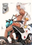  1girl absurdres animal_ears ass bangs bare_shoulders beer_can bikini blue_eyes body_markings breasts caenis_(fate) can dark_skin fate/grand_order fate_(series) ground_vehicle hair_intakes highres jacket large_breasts legs long_hair long_sleeves looking_at_viewer motor_vehicle motorcycle off_shoulder ohland open_clothes open_jacket sitting smile swimsuit tattoo water_gun white_background white_bikini white_jacket 