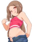  1girl :q bangs bare_shoulders belly blue_pants blush breasts brown_eyes brown_hair crop_top heart heart-shaped_pupils highres looking_at_viewer manabebebe midriff navel no_panties one_side_up open_pants original pants pants_pull parted_bangs pink_shirt pubic_tattoo shirt simple_background sleeveless sleeveless_shirt small_breasts solo symbol-shaped_pupils tattoo tongue tongue_out v white_background 