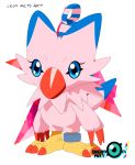  absurd_res avian beak biyomon blue_eyes blue_markings claws digimon digimon_(species) eyelashes feathers hi_res leon_seto_art markings pink_body pink_feathers red_claws ring ring_on_leg signature solo standing toe_claws 