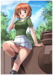  1girl arm_support bangs black_footwear black_legwear blue_sky blurry blurry_background boots brown_eyes brown_hair cloud cloudy_sky commentary_request day depth_of_field eyebrows_visible_through_hair foot_up girls_und_panzer green_shirt ground_vehicle hand_in_hair leaning_back looking_at_viewer military military_vehicle miniskirt motor_vehicle nishizumi_miho on_vehicle ooarai_military_uniform open_mouth outdoors outline panties pantyshot panzerkampfwagen_iv pink_panties pleated_skirt shirt short_hair short_sleeves skirt sky smile socks solo standing t_k tank underwear white_outline white_skirt zipper 