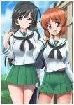  2girls :d ahoge bag bangs black_eyes black_hair black_neckwear blouse blue_sky blurry blurry_background brown_eyes brown_hair building carrying closed_mouth cloud cloudy_sky commentary_request day depth_of_field eyebrows_visible_through_hair girls_und_panzer green_skirt holding holding_bag isuzu_hana long_hair long_sleeves looking_at_viewer miniskirt multiple_girls neckerchief nishizumi_miho ooarai_school_uniform open_mouth outdoors outline pleated_skirt school_bag school_uniform serafuku short_hair skirt sky smile standing t_k white_blouse white_outline 