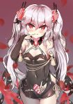  1girl azur_lane bangs bare_shoulders black_dress blush bow breasts china_dress chinese_clothes commentary_request detached_sleeves dress fang hagi0767 hair_between_eyes hair_bow hair_ornament heart heart_hair_ornament highres long_hair looking_at_viewer red_eyes silver_hair smile solo twintails valentine vampire_(azur_lane) vampire_(the_breath_of_spring)_(azur_lane) very_long_hair 