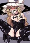  1girl ? arms_behind_back ball_gag bdsm belt blonde_hair blush bondage boots bound braid breasts drooling frogtie gag gagged hat high_heels highres kirisame_marisa long_hair spread_legs thigh_boots thighhighs touhou ushikousen witch_hat yellow_eyes 