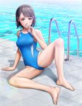  1girl arena_(company) barefoot black_hair blue_eyes blue_swimsuit commentary_request competition_swimsuit covered_nipples covering_mouth full_body highres kisugizumi logo one-piece_swimsuit original pool pool_ladder poolside short_hair sitting solo spread_legs striped striped_swimsuit swimsuit water 