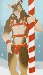  anthro antlers bambii_dog biped briefs bulge capreoline cervid clothing hand_in_underwear harness hi_res horn jingle_bell_harness looking_at_viewer male mammal muscular pecs pole reindeer signature snow solo standing underwear wrist_cuff 
