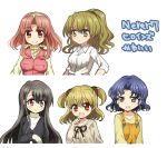  &gt;:( :d asakura_saki_(never7) black_hair blonde_hair blue_hair blush bow breasts cardigan cheriko_24 dress green_eyes green_hair grey_eyes hair_bow higuchi_haruka jacket kawashima_yuka large_breasts long_hair looking_at_viewer medium_breasts medium_hair morino_izumi morino_kurumi_(never7) multiple_girls never7 open_mouth orange_eyes ponytail ponytail_holder red_hair ribbon ring_hair_ornament shirt simple_background small_breasts smile suspenders sweater translation_request turtleneck turtleneck_sweater twintails v-neck yellow_eyes zipper_pull_tab 