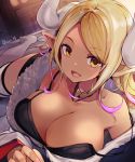  1girl bangs bare_shoulders blonde_hair breasts cleavage collarbone dark_skin draph fur_trim granblue_fantasy highres horns jewelry kuvira_(granblue_fantasy) large_breasts long_hair long_sleeves looking_at_viewer neck_ring nino_(shira) off_shoulder open_mouth pointy_ears smile swept_bangs thighhighs thighs white_legwear wide_sleeves yellow_eyes 