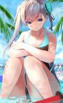  bangs beach bird black_swimsuit blue_sky brown_hair bun_cover closed_mouth cloud collarbone competition_swimsuit day eyebrows_visible_through_hair fate/grand_order fate_(series) hair_bun hair_ornament highres kinoruru_toiro knees_up miyamoto_musashi_(fate/grand_order) miyamoto_musashi_(swimsuit_berserker)_(fate) multiple_girls ocean one-piece_swimsuit outdoors palm_tree partially_submerged purple_eyes side_ponytail sitting sky smile solo_focus summer swept_bangs swimsuit thighs tree 