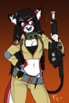 2015 android anthro ara black_hair blue_eyes blue_hair breasts cleavage clothed clothing comic costume cybernetics cyborg digital_media_(artwork) domestic_cat eyewear felid feline felis female fluff-kevlar fur ghostbuster ghostbusters gradient_background gun hair halloween holidays machine mammal midriff multicolored_body multicolored_fur navel panties proton_pack ranged_weapon red_body red_fur robot simple_background skimpy solo thong two_tone_body two_tone_fur underwear weapon white_body white_fur 