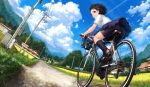  1girl ass bag bicycle bicycle_basket bike_shorts black_hair black_shorts blue_skirt blue_sky brown_eyes brown_footwear cloud cloudy_sky commentary_request condensation_trail day dutch_angle field fisheye grin ground_vehicle house lamppost lif loafers mountainous_horizon original outdoors pleated_skirt power_lines riding road rural school_uniform shirt shoes short_hair short_sleeves shorts skirt sky smile solo white_shirt 