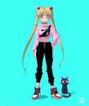  1girl bishoujo_senshi_sailor_moon blue_eyes casual cat crescent crescent_earrings earrings fanny_pack fashion highres hood hoodie jewelry midriff navel nike pants sailor_moon sailor_moon_redraw_challenge shoes sneakers solo tom_skender track_pants tsukino_usagi twintails 