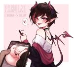  1girl :p artist_name bare_shoulders black_choker black_jacket blush border brown_hair choker demon_girl demon_tail earrings highres holding holding_phone horns jacket jewelry long_sleeves mini_wings multicolored_hair off_shoulder original pan_(panqlao) panqlao phone pink_background pink_eyes pointy_ears pussy red_hair shirt short_hair smile solo tail tongue tongue_out two-tone_hair uncensored white_border white_shirt wings 
