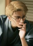  1boy absurdres blonde_hair blue_kimono brown_eyes glasses highres japanese_clothes jujutsu_kaisen kimono lips male_focus nanami_kento nthndn short_hair solo sweat upper_body yukata 