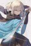  1girl black_hakama black_scarf blonde_hair bomberca309 closed_mouth fate/grand_order fate_(series) fighting_stance glint hakama hakama_skirt haori highres holding holding_sword holding_weapon japanese_clothes katana looking_at_viewer okita_souji_(fate) okita_souji_(koha-ace) ponytail scarf short_hair simple_background skirt solo sword weapon wind yellow_eyes 