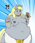 2016 anthro belly belly_expansion big_belly blonde_hair blueberry_(fruit) blush bottomwear bracelet breasts choker clothing crown deep_navel derpy_hooves_(mlp) digital_media_(artwork) eating equid equine expansion female food friendship_is_magic fruit fur grey_body grey_fur hair hasbro headgear horse jewelry mammal muffin my_little_pony navel necklace nipples obese obese_anthro obese_female overweight overweight_anthro overweight_female plant pony solo tiara topwear torn_clothing torn_topwear viroveteruscy weight_gain