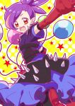  1girl :d balloon bugcchu_(pri_chan) commentary_request elbow_gloves fang gloves hizuki_(hiduki6121) jacket kiratto_pri_chan looking_at_viewer open_mouth orange_eyes outstretched_arm pointy_ears ponytail pretty_series purple_hair purple_jacket purple_skirt red_eyes red_gloves shoe_soles short_sleeves skirt smile solo spikes standing standing_on_one_leg star_(symbol) yellow_background 