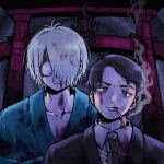  2boys absurdres angry blood blood_on_clothes blood_on_face cigarette collarbone gegege_no_kitarou gegerou grey_hair hair_over_one_eye highres japanese_clothes kanimaru_(super_goddog) kitarou_tanjou:_gegege_no_nazo looking_at_viewer male_focus medama_oyaji medama_oyaji_(human) mizuki_(gegege_no_kitarou) multiple_boys parted_lips red_eyes scar scar_across_eye shaded_face smoke smoking suit torii upper_body 