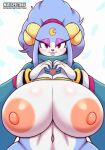 anthro areola ariem_(sonic) big_breasts blue_hair blush bovid breasts caprine clothed clothing female hair hi_res huge_breasts mammal matospectoru navel nipples pupils sega smile solo sonic_dream_team sonic_the_hedgehog_(series) white_body