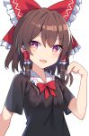  1girl alternate_costume black_shirt bow brown_eyes brown_hair e.o. hair_between_eyes hair_bow hair_tubes hakurei_reimu highres long_hair looking_at_viewer open_mouth red_bow shirt short_sleeves sidelocks simple_background smile solo touhou upper_body white_background 