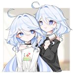  2girls absurdres ahoge black_choker black_shirt blue_eyes blue_hair choker closed_mouth comb error1980 focalors_(genshin_impact) furina_(genshin_impact) genshin_impact hair_between_eyes hair_intakes heterochromia highres holding holding_comb long_hair long_sleeves looking_at_another mismatched_pupils multiple_girls open_mouth shirt smile twintails white_shirt wide_sleeves 