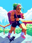  1girl backpack bag black_eyes blue_sky bottle cat cityscape cloud dated drinking green_hair kitten looking_down muscular muscular_female original pip_(artofpip) pixel_art shoes shorts sky sneakers socks solo stairs tank_top thick_thighs thighs water_bottle 