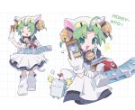  1girl :3 :d =_= ahoge animal_hat apron arrow_(symbol) back_bow bell blue_eyes blush_stickers bow bowtie card cat_hat cat_tail dejiko di_gi_charat dress duel_disk duel_monster gloves green_eyes green_hair hair_intakes hand_up hat highres holding holding_card jingle_bell kneehighs maid_apron mokey_mokey morizo_(morizoshop) multicolored_eyes neck_bell purple_bow purple_bowtie purple_dress short_hair smile socks solo sparkle standing tail v-shaped_eyebrows white_apron white_bow white_gloves white_headwear white_socks yu-gi-oh! 