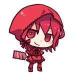  1girl blush_stickers bow bright_pupils capelet chibi commentary_request dated_commentary dress full_body hair_bow heart holding holding_weapon hood hood_up japanese_saw jitome little_red_riding_hood little_red_riding_hood_(grimm) lowres medium_hair pink_hair rakuni red_bow red_capelet red_dress red_eyes red_theme saw shoes simple_background smile solo standing thighhighs weapon weapon_behind_back white_background white_pupils 