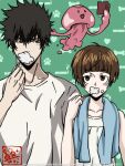  1boy 1girl black_hair blush book brown_eyes brown_hair brushing_teeth jellyfish kougami_shin&#039;ya psycho-pass shirt short_hair spiked_hair towel towel_around_neck tsunemori_akane user_jasu4423 watermark white_shirt 