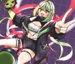  1girl :3 belt black_belt black_jacket black_ribbon black_shorts breasts commentary_request feet_out_of_frame fingernails green_eyes green_hair green_nails grid_background hair_between_eyes hair_ornament hair_ribbon hairclip highres hinokuma_ran holding holding_stuffed_toy jacket long_hair looking_at_viewer medium_bangs midriff nanashi_inc. navel off_shoulder open_clothes open_jacket open_mouth pink_hair purple_background ribbon short_shorts shorts small_breasts solo strapless stuffed_animal stuffed_toy suke_(user_pczw4434) teddy_bear tube_top v v-shaped_eyebrows virtual_youtuber white_tube_top 