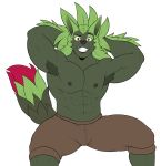 abs absurd_res anthro biped black_nose bottomwear canid canine canis clothing digital_media_(artwork) fur green_body green_fur green_hair hair hi_res lovers_of_aether male mammal muscular muscular_anthro muscular_male nipples pablo_palafox pecs red_eyes rivals_of_aether simple_background smile solo sylvanos wolf