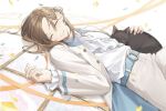  1boy ^_^ animal_on_stomach belt black_cat blue_belt blue_ribbon braid brown_hair buttons cat closed_eyes confetti cowboy_shot earclip earrings facing_to_the_side facing_viewer french_braid frilled_shirt frilled_sleeves frills grin hair_ribbon jacket jewelry kanae_(nijisanji) long_sleeves lying male_focus medium_hair mole mole_under_eye multicolored_clothes multicolored_jacket nijisanji o-ring o-ring_belt official_alternate_costume on_back pants ribbon ribbon_braid shirt shirt_tucked_in smile solo streamers swept_bangs two-tone_jacket usuke_(u_skeeep) virtual_youtuber white_background white_jacket white_pants white_shirt 