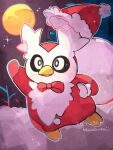  animal_focus artist_name beak bird bow bowtie commentary_request delibird hanabusaoekaki hat highres moon night night_sky no_humans pokemon pokemon_(creature) red_bow red_bowtie santa_hat sky solo 