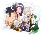  3boys arch_bishop_(ragnarok_online) black_choker black_gloves black_shirt bow bowtie cape capelet cat_boy choker closed_eyes coat coif commentary_request cross cross_of_prontera fake_horns flower flowery_peko furry furry_male gauntlets gloves gold_trim green_coat grey_cape grey_hair grey_horns hair_flower hair_ornament horns jewelry long_hair male_focus medium_bangs multiple_boys muscular muscular_male necklace official_alternate_costume open_mouth pants paw_hair_ornament pectorals purple_bow purple_bowtie purple_hair purple_pants ragnarok_online rose shirt short_hair smile summoner_(ragnarok_online) sura_(ragnarok_online) swept_bangs tiara topless_male upper_body vambraces very_long_hair white_capelet white_flower white_rose 