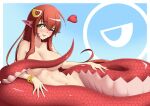  1girl ;d absurdres bracelet breasts convenient_censoring fangs hair_ornament hairclip heart highres jewelry lamia large_breasts long_hair looking_at_viewer miia_(monster_musume) monster_girl monster_musume_no_iru_nichijou navel nude one_eye_closed pointy_ears puroppa red_hair scales slit_pupils smile solo tail tail_censor yellow_eyes 
