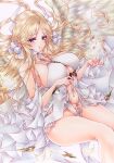  1girl azur_lane bare_shoulders blonde_hair blue_eyes breasts brest_(azur_lane) covered_nipples dress feathered_wings feet_out_of_frame highres large_breasts large_wings long_hair looking_at_viewer marker_(medium) mktr_(princess_mktr) navel panties revealing_clothes sharp_teeth solo teeth traditional_media underboob underwear very_long_hair white_dress white_panties wings 