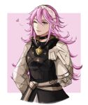  1girl ;) artist_name black_choker choker closed_mouth fire_emblem fire_emblem_fates gambeson gloves hair_between_eyes hairband heart highres long_hair long_sleeves one_eye_closed pink_eyes pink_hair schereas smile soleil_(fire_emblem) solo white_gloves 