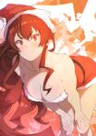 1girl alternate_costume breasts cleavage closed_mouth dress eris_greyrat frown fur-trimmed_dress fur-trimmed_headwear fur_trim hands_on_own_knees highres kiyo_(a_sam_ko) large_breasts leaning_forward mushoku_tensei rabbit_tail red_dress red_eyes red_hair red_headwear santa_dress solo tail 