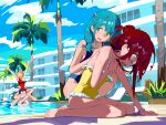  1boy 3girls aqua_hair arm_support arms_up barefoot blue_eyes blue_hair blue_one-piece_swimsuit braid breasts brown_hair carrying closed_eyes collarbone commentary_request eyelashes feet frilled_one-piece_swimsuit frills full_body green_eyes hand_up highres hipa_(some1else45) horns legs long_hair looking_back looking_down medium_breasts medium_hair multiple_girls nahia_(some1else45) one-piece_swimsuit open_mouth original outdoors palm_tree partially_submerged poolside red_hair red_one-piece_swimsuit sekoshi_(some1else45) shirt shoulder_carry sidelocks sitting small_breasts some1else45 sweatdrop swimsuit thick_eyebrows toes tree twintails wariza white_shirt yellow_one-piece_swimsuit 
