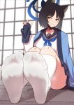  1girl animal_ear_fluff animal_ears black_choker black_hair black_nails blue_archive blue_footwear blue_halo blue_neckerchief blue_sailor_collar blurry blurry_background blush breasts cat_ears cat_girl choker collarbone eyelashes feet foot_focus footprints foreshortening green_eyes halo haori highres holding holding_sandals indoors japanese_clothes jkisaradu kikyou_(blue_archive) kneehighs knees_up large_breasts legs_together long_sleeves looking_at_viewer medium_hair nail_polish neckerchief no_shoes parted_bangs pleated_skirt ribbed_socks sailor_collar sandals school_uniform serafuku sitting skirt smell socks soles solo steaming_body thighs toes unworn_sandals white_socks 
