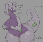 anthro biped breasts dialogue english_text female generation_6_pokemon gikowinko goodra green_body hi_res nintendo pokemon pokemon_(species) purple_body simple_background solo text