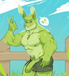 2023 5_fingers abs anthro ball_bulge balls black_eyes black_nose bottomwear bulge clothed clothing clothing_bulge cloud dialogue erection fence fingers foreskin front_view fungirussy fur genital_outline genitals gesture gesturing_at_viewer glans grass green_body green_foreskin green_fur green_glans green_hair green_nipples green_penis green_skin grin grinning_at_viewer hair hand_in_pants hi_res humanoid_genitalia humanoid_penis inviting inviting_over lagomorph leporid male mammal mature_male motion_lines muscular muscular_anthro muscular_arms muscular_male musical_note nipples outside pants partially_retracted_foreskin penis plant pubes pulling_down_pants rabbit scruffy shorts sky smile smiling_at_viewer solo standing teeth throbbing_penis topless topless_anthro topless_male tuft vein veiny_penis