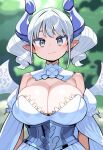 1girl bare_shoulders breasts cleavage curvy demon_girl demon_horns demon_wings detached_sleeves dress duel_monster grey_eyes highres hitta_99 horns large_breasts looking_at_viewer lovely_labrynth_of_the_silver_castle low_wings multiple_wings nature outdoors plump pointy_ears smile solo transparent_wings twintails white_hair white_horns wings yu-gi-oh! 