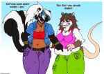 2018 absurd_res alicia_(anthroloverjay) american_opossum anthro belly belly_poke belt blue_eyes blush bodily_fluids bottomwear breasts chelsea_(anthroloverjay) clothing digital_media_(artwork) duo ear_piercing ear_ring english_text female green_eyes hair heterochromia hi_res jacket jewelry mammal marsupial mephitid navel_outline necklace open_mouth overweight overweight_anthro overweight_female pants piercing ring_piercing shirt skunk sweat text thick_thighs topwear virginia_opossum viroveteruscy