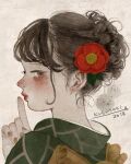  1girl 2018 artist_name back_bow black_hair blunt_bangs blush bow brown_bow brown_eyes commentary_request eyelashes finger_to_mouth flower flower_request from_behind green_kimono hair_bun hair_flower hair_ornament highres japanese_clothes kimono kusunoki_satomi light_blush lipstick looking_at_viewer makeup mole mole_under_eye nail_polish nose_blush orange_nails original paper_background parted_lips pom_pom_(clothes) pom_pom_hair_ornament red_flower red_lips short_hair shushing single_hair_bun solo upper_body white_background 