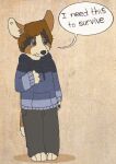 2014 aliasing anthro black_body black_fur black_nose black_pawpads black_text blue_(bluekyokitty) blue_clothing blue_eyes blue_hoodie blue_topwear bluekyokitty bottomwear brown_body brown_fur brown_hair canid canine canis clothed clothing dialogue digital_drawing_(artwork) digital_media_(artwork) domestic_dog english_text flat_colors full-length_portrait fully_clothed fur grey_bottomwear grey_clothing grey_pants grey_sclera hair handpaw handwritten_text herding_dog hindpaw hoodie male mammal narrowed_eyes pants pastoral_dog pawpads paws pembroke_welsh_corgi plantigrade portrait sebdoggo simple_background snout solo speech_bubble standing tail tan_background tan_body tan_fur tan_inner_ear text topwear trans_(lore) trans_man_(lore) welsh_corgi