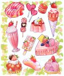  blueberry candy crepe cup dessert doughnut drinking_glass drinking_straw food food_focus fruit highres lollipop macaron milkshake miri_illust original pastry popsicle pudding raspberry strawberry strawberry_slice 